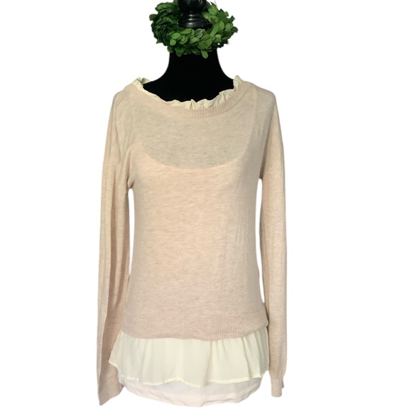 Hinge Oatmeal Beige Lightweight Cotton Blend Sweater Silk Ruffle SZ S - Picture 1 of 8